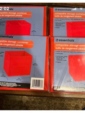 Lot of 4 NIP Essentials collapsible storage containers red 9x9x8 -pull handle